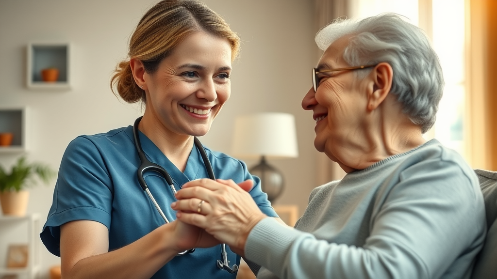 Warm-hearted nurse assisting an elderly patient with Muskegon in-home nursing in their cozy home, sunlight streaming into the living room.