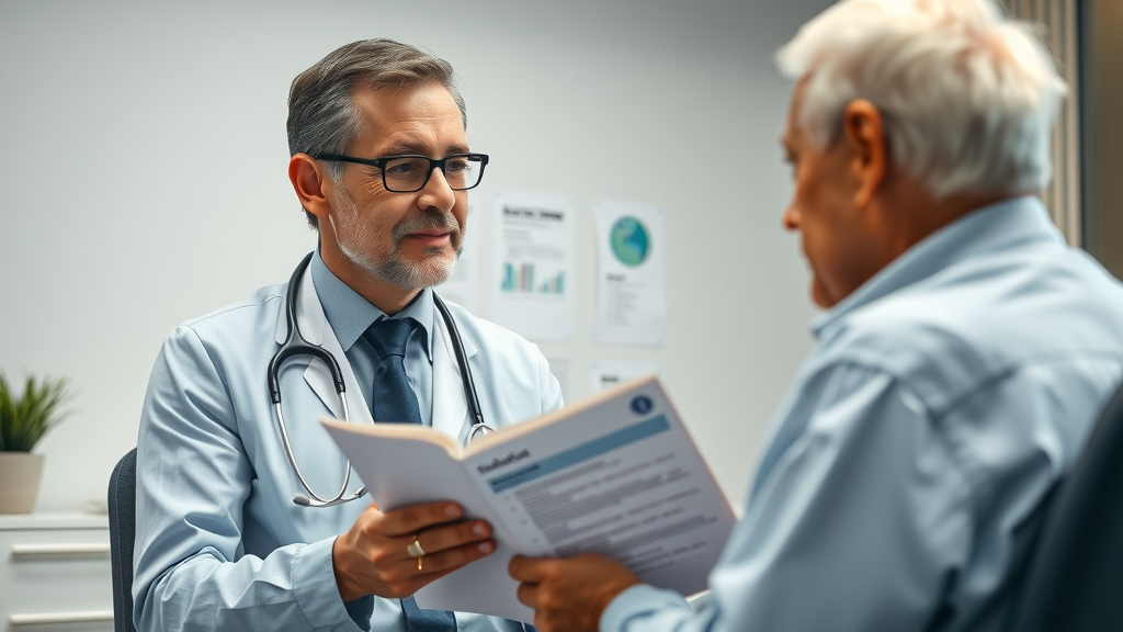 Professional healthcare advisor discussing medicare drug coverage options with senior in doctor