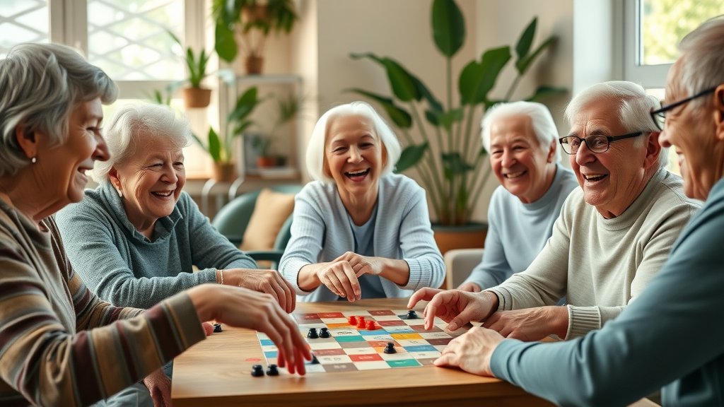 Friendly older adults making connections and laughing while playing board games at a Muskegon wellness center community lounge.