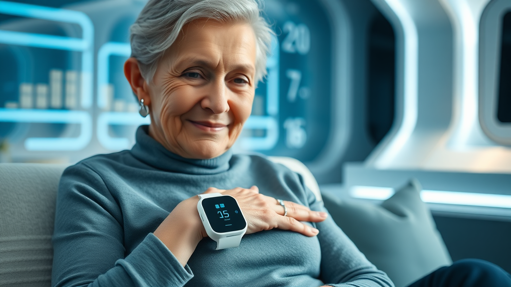 Senior woman using futuristic emergency response system for Muskegon elder health services, looking relieved