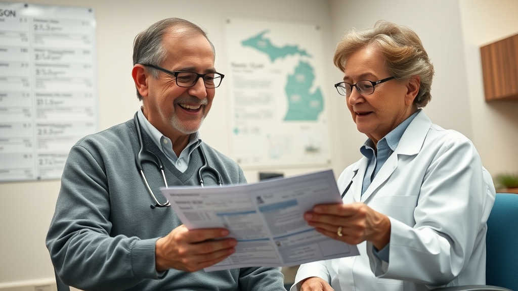 primary care Muskegon - doctor reviewing elderly patient medication chart in Muskegon medical office