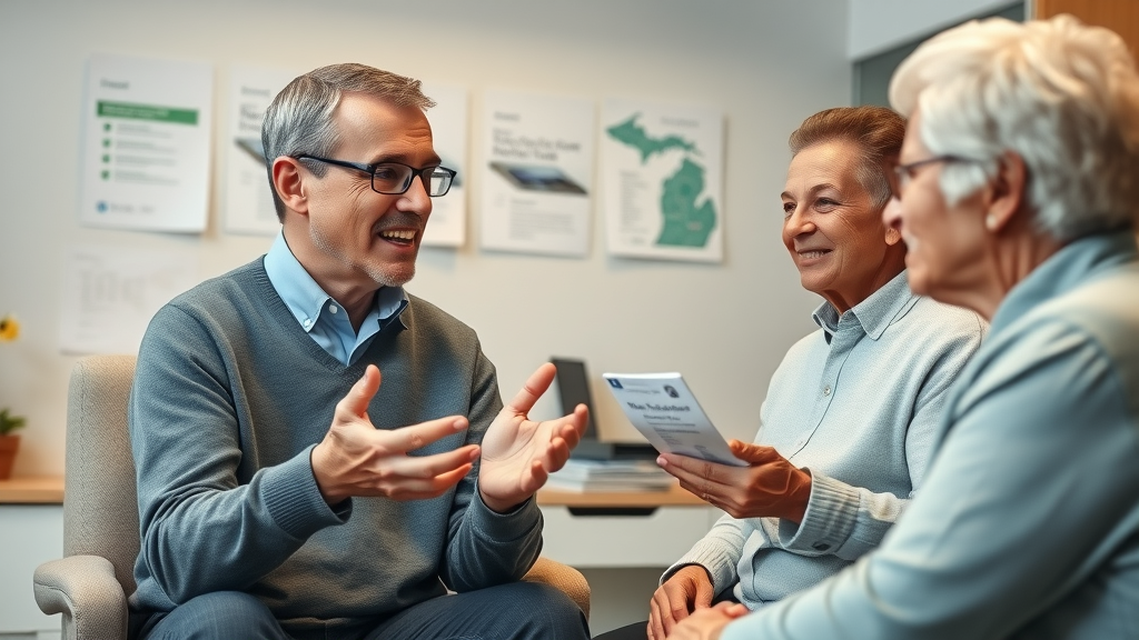 senior advisor discussing Muskegon prescription drug plan options with a senior couple