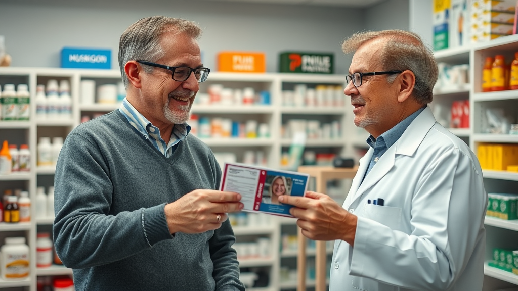 confident pharmacist assisting senior with prescription card, Muskegon drug discount card, prescription assistance program, local Muskegon pharmacy interior