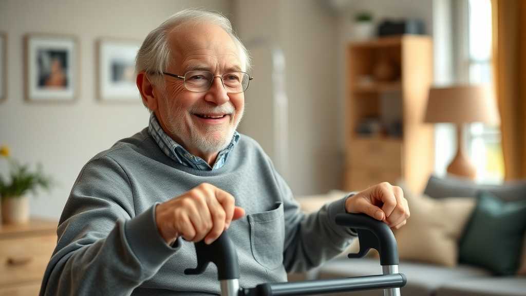Smiling senior using durable medical equipment Muskegon community health services for seniors