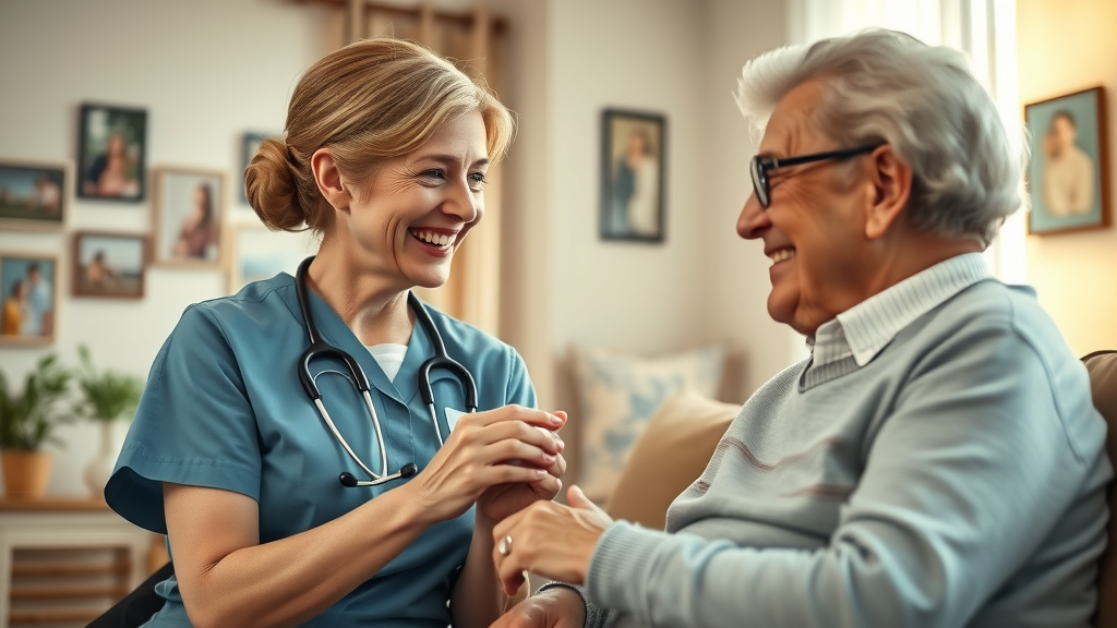 home care nurse visiting elderly patient in Muskegon chronic illness home care setting, cozy and bright living room