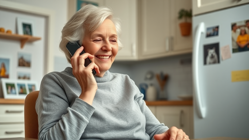 happy elderly woman on phone getting Michigan benefits counseling with family photos in background