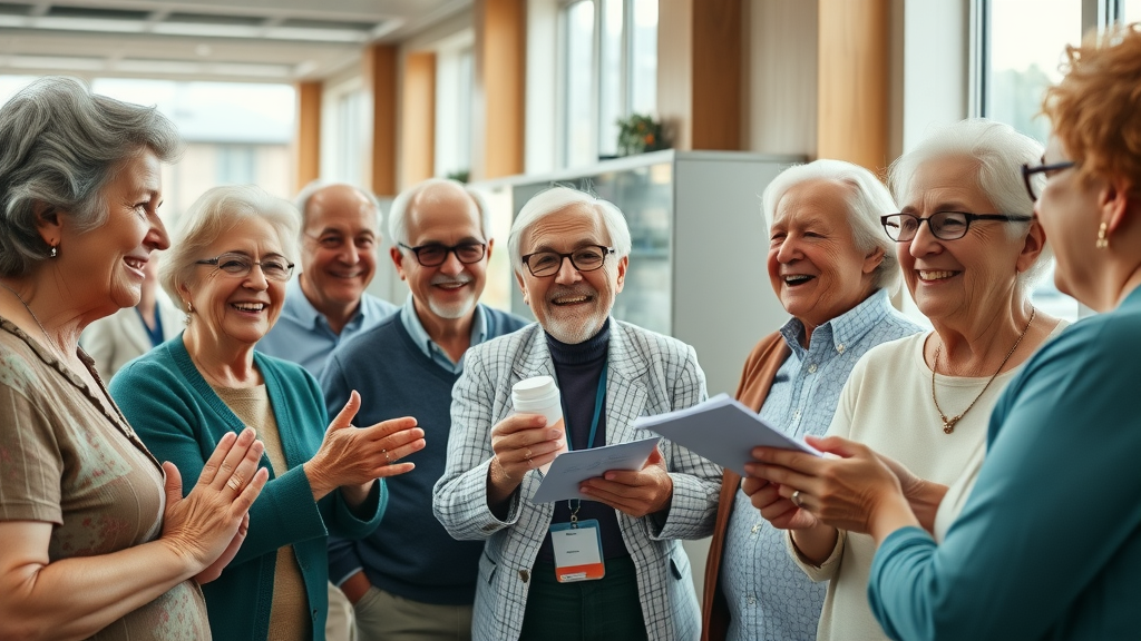 Happy seniors receiving free prescription drugs at a busy Medicare clinic