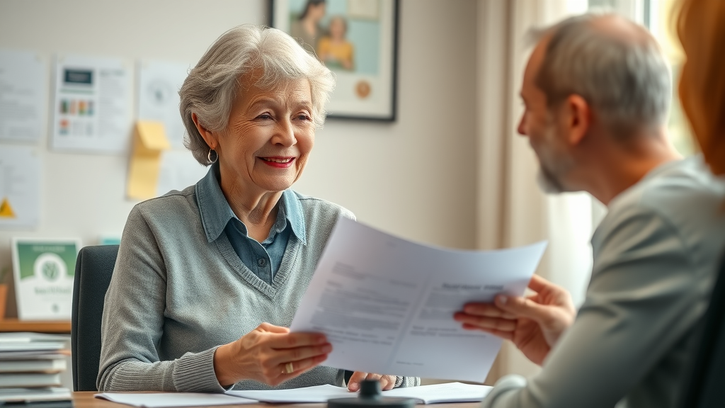patient assistance Muskegon senior woman completing paperwork with health care advisor, prescription assistance application.