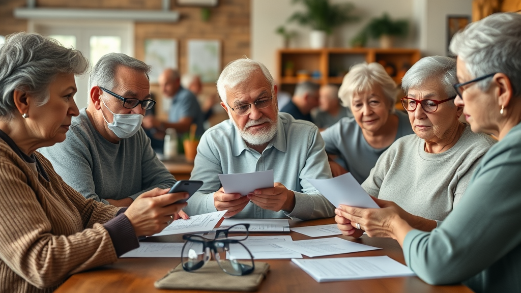Diverse seniors checking eligibility paperwork for limited income prescription drug coverage