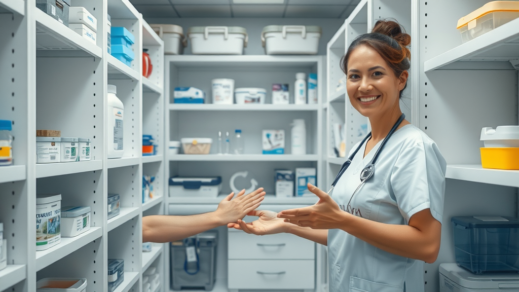 Care closet for seniors Muskegon - shelves with durable medical equipment and staff assisting elderly