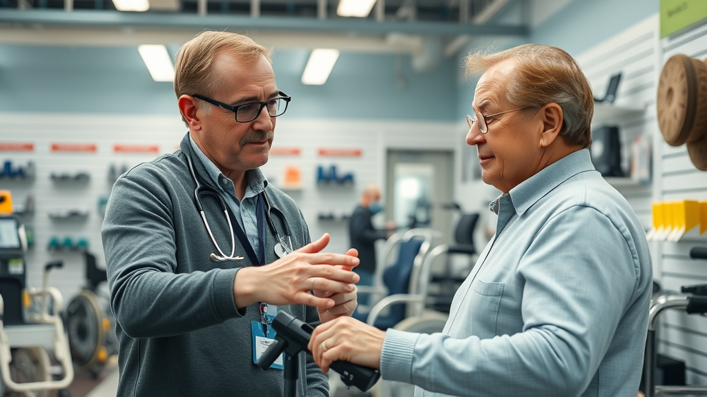 Healthcare advisor guiding Muskegon senior on durable medical equipment selection
