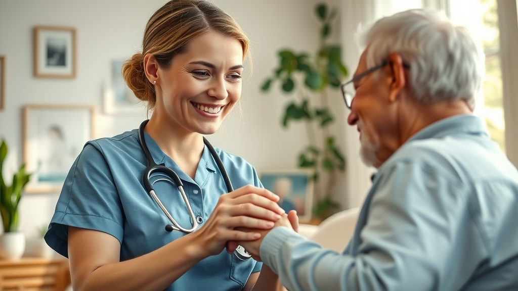 Muskegon in-home medical services nurse smiling gently while holding elderly patient