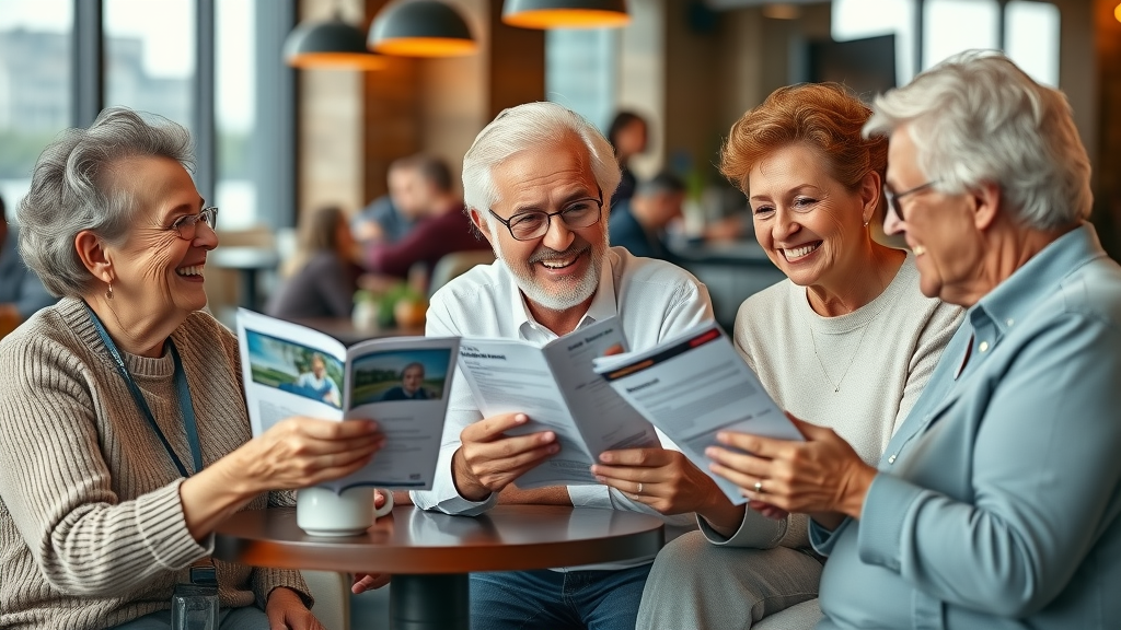 Group of Muskegon seniors comparing Medicare plans at a local cafe