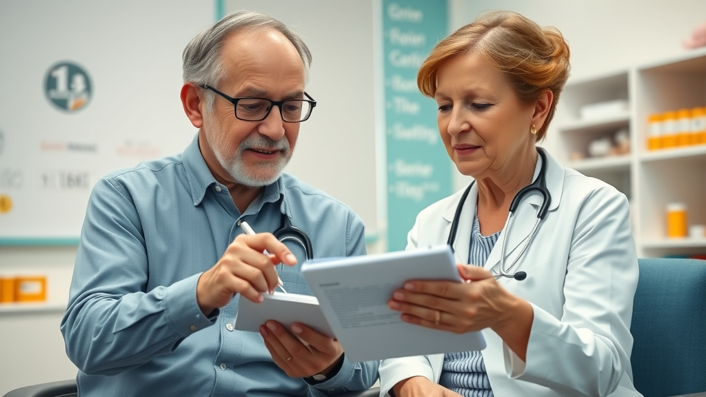 approachable healthcare advisor consulting with senior, Muskegon prescription assistance FAQ, healthcare consultation, reviewing prescription options