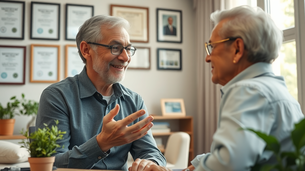 Senior benefit consultant advising Muskegon senior client on wellness planning options.