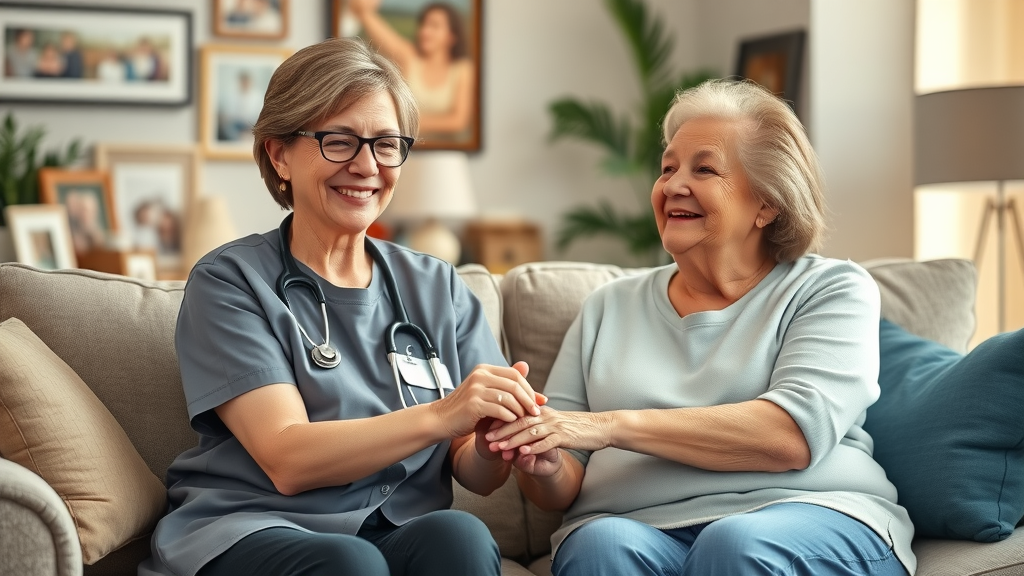 Home health aides Muskegon providing compassionate in-home care to seniors in a cozy living room