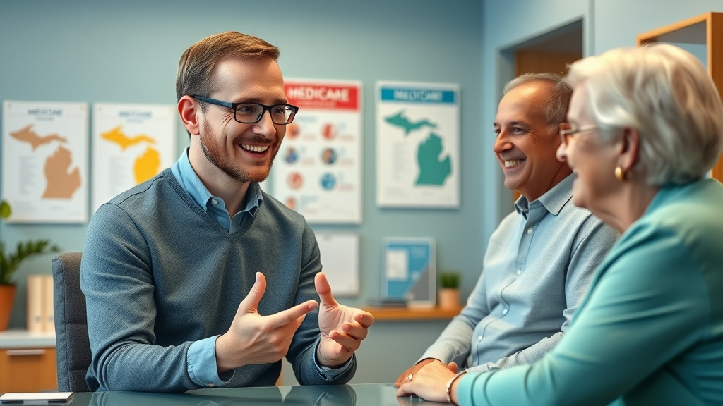 Medicare advisor consulting seniors on Medicare options Muskegon in a Michigan office