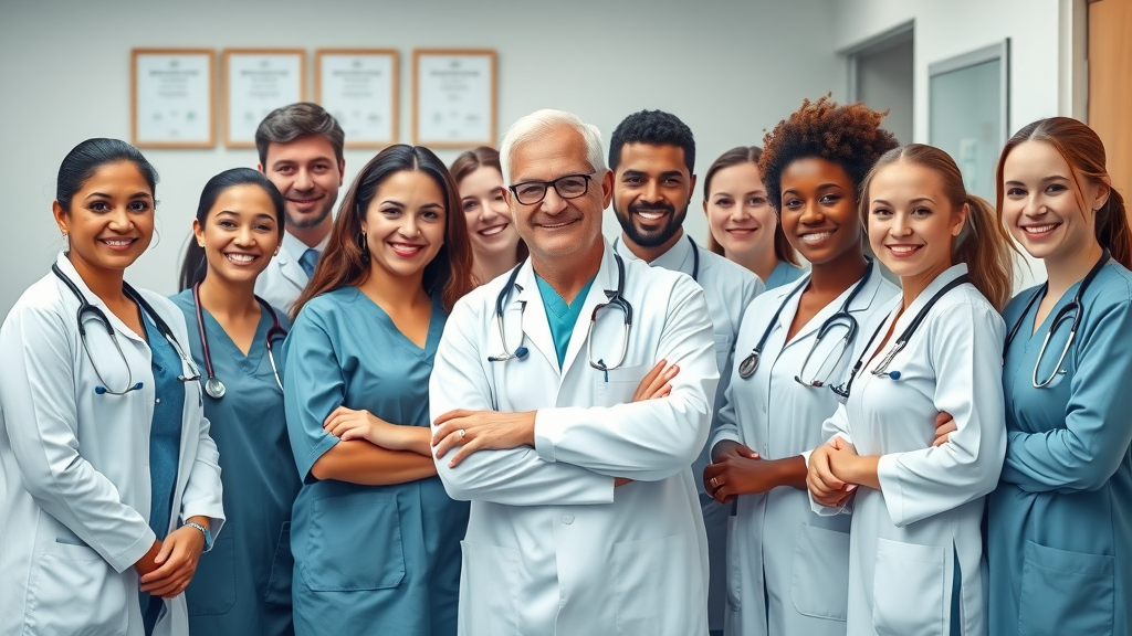 Care services Muskegon: Diverse and skilled medical care team smiling, wearing professional attire