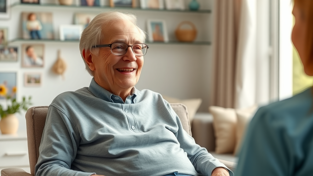 Confident elderly person at home smiling with Muskegon in-home nursing nurse during a friendly visit, showcasing independence.