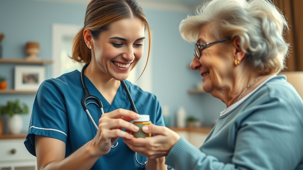 Smiling professional nurse providing Muskegon elder health services, assisting with medication at home
