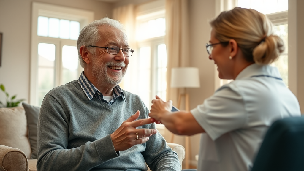 senior receiving Muskegon physical therapy at home in a comfortable home setting, consulting with a professional physical therapist, sunlight streaming in