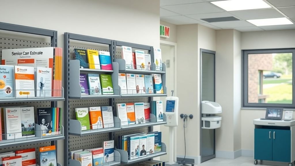 Brochure rack and shelves with modern medical equipment for Muskegon eldercare medication resources