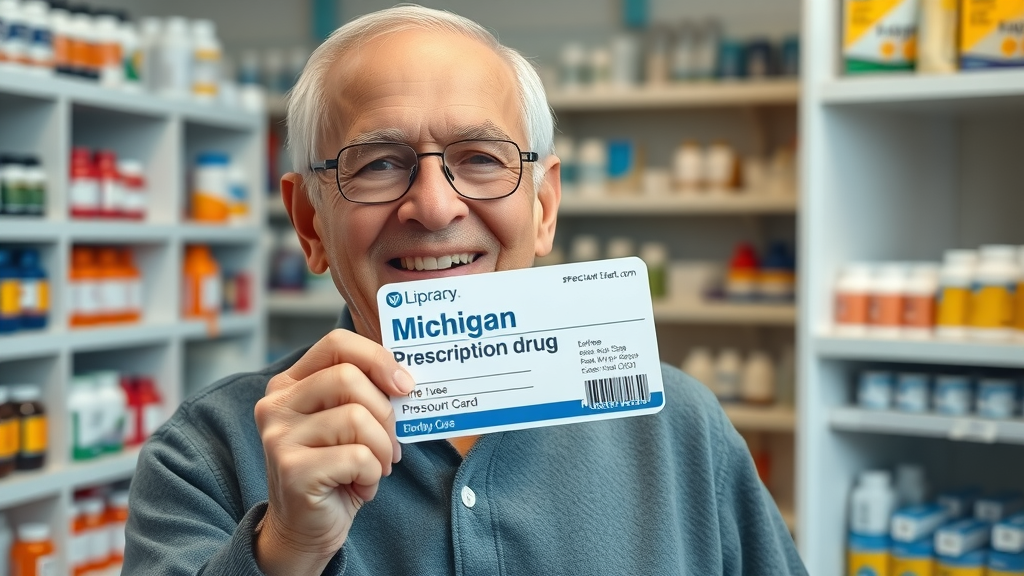 Senior holding Michigan prescription drug discount card for Muskegon elder prescription assistance at pharmacy counter