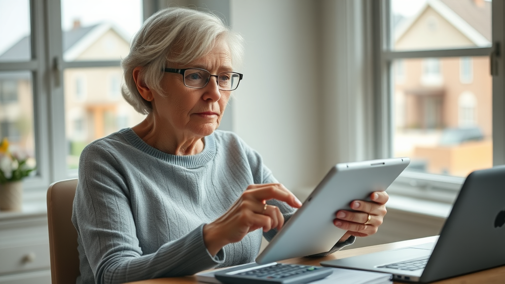 elderly senior woman assessing retirement plan options on a tablet for Muskegon senior financial planning
