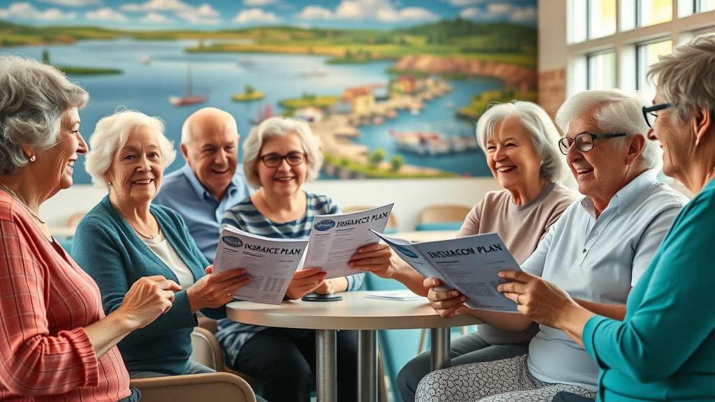 senior insurance options Muskegon - Diverse group of cheerful seniors exchanging insurance brochures in Muskegon community center with lake mural.