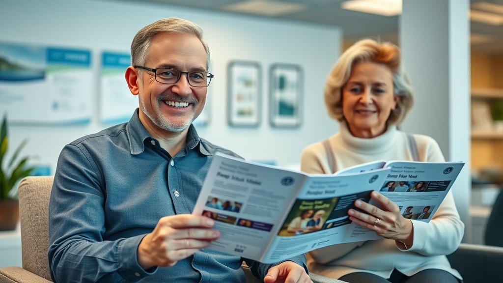 trustworthy advisor consulting senior couple Integrity Senior Benefits office Norton Shores, informative, welcoming, lifelike photorealistic branding