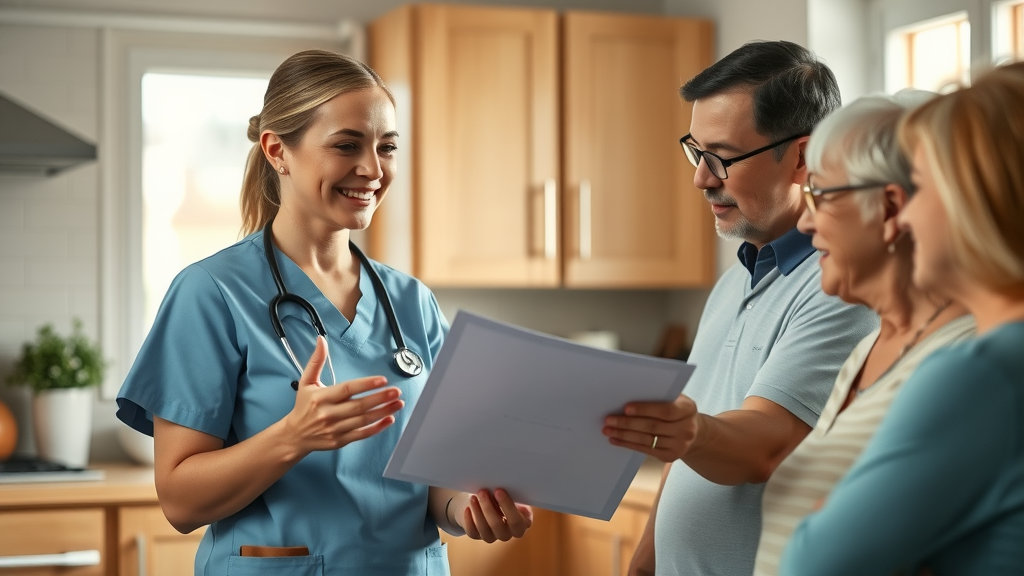 Home care services Muskegon: Nurse with family and care plan in home kitchen with morning light