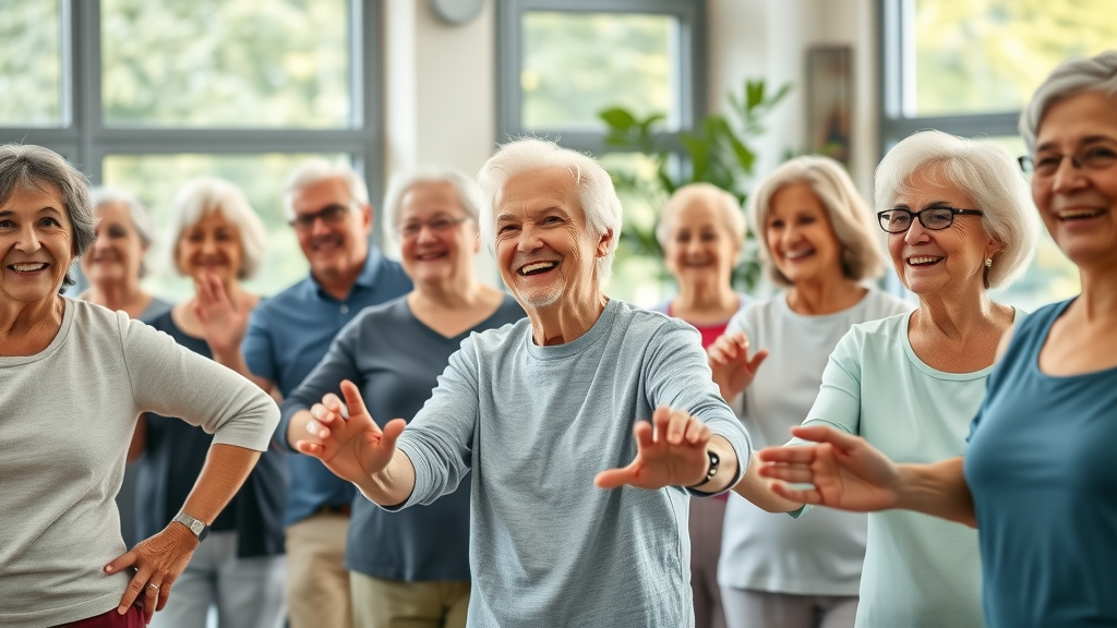 Group of older adults participating in Muskegon senior wellness programs, smiling, active, and engaged at a modern community center.