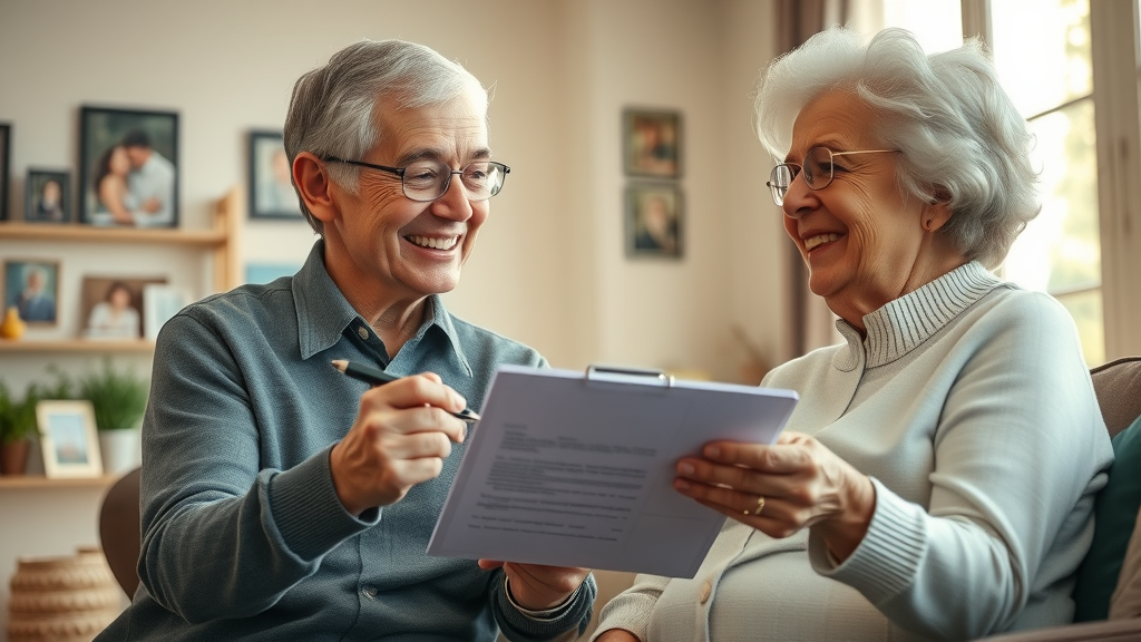 Senior care services Muskegon, MI: A consultant explains options to an elderly woman in a cozy Muskegon home with sunlight and family photos.