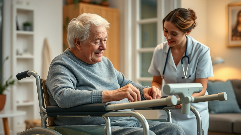 Elderly person using durable medical equipment with nurse in Muskegon eldercare medication resources context