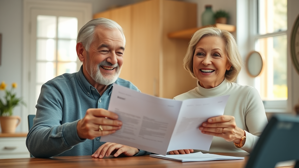 Welcoming elderly couple reviewing senior healthcare plans Muskegon at a kitchen table