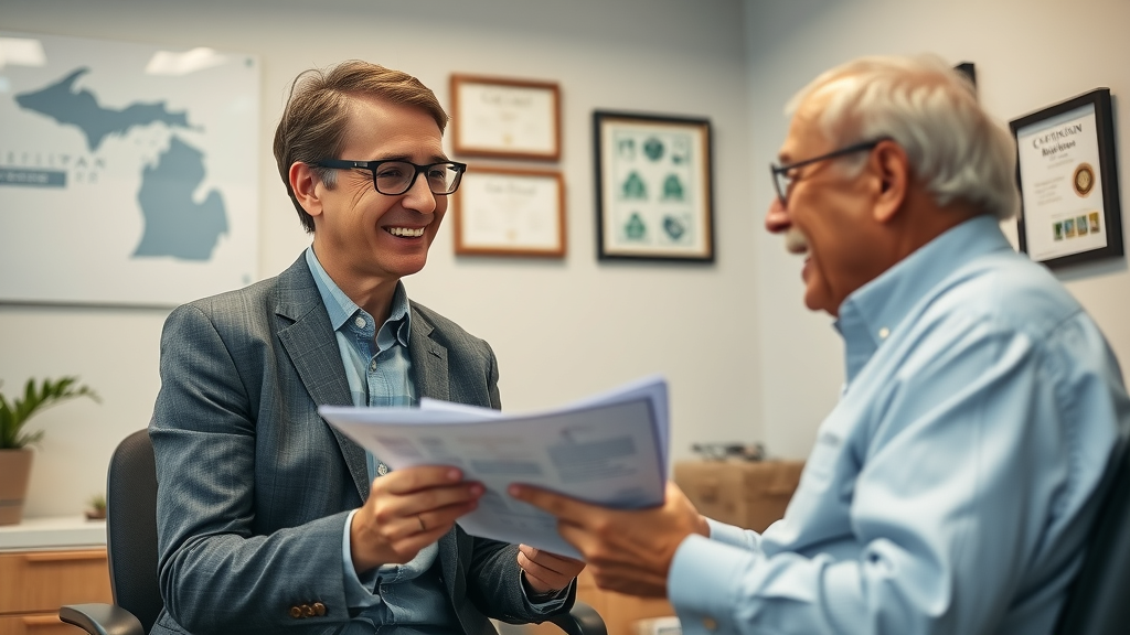 Confident Muskegon healthcare agent assisting an elderly client with senior plans