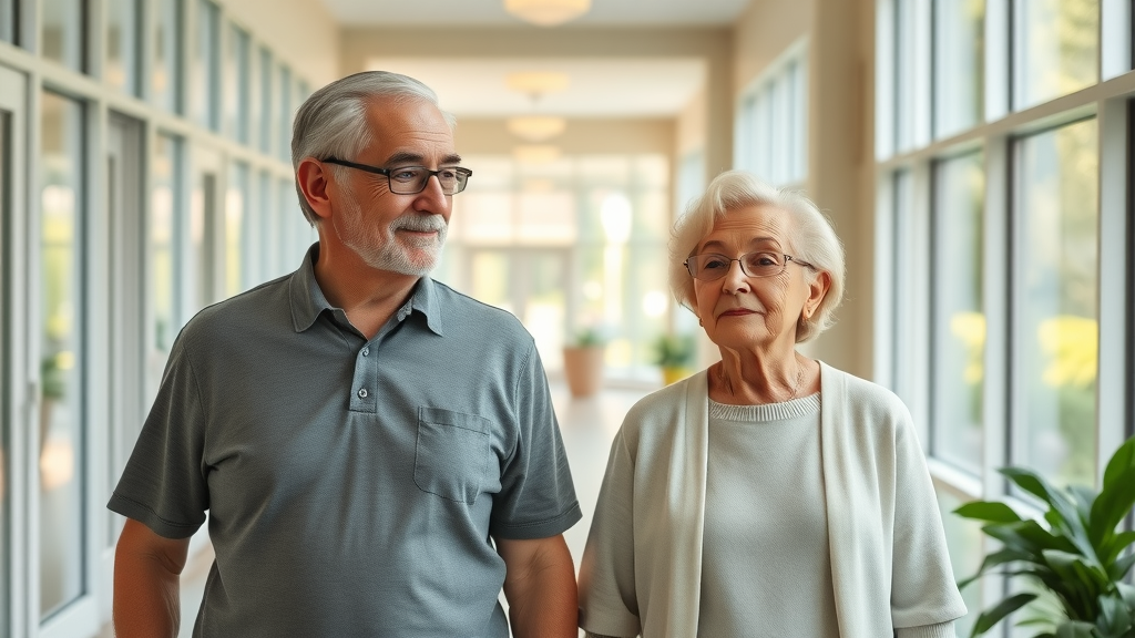 calm senior couple hopeful while touring assisted living facility in Muskegon for senior care and medication management