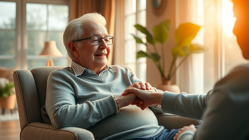 Muskegon medical assistance at home: Comforting elderly person, content and relaxed, sitting in a cozy armchair with a compassionate caregiver in a warm and inviting living room, golden hour sunlight.