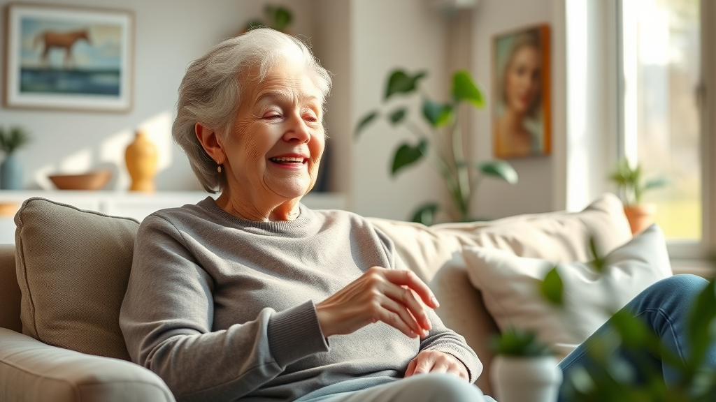 Joyful older woman with family in Muskegon home, celebrating improved wellness from senior health benefits Muskegon