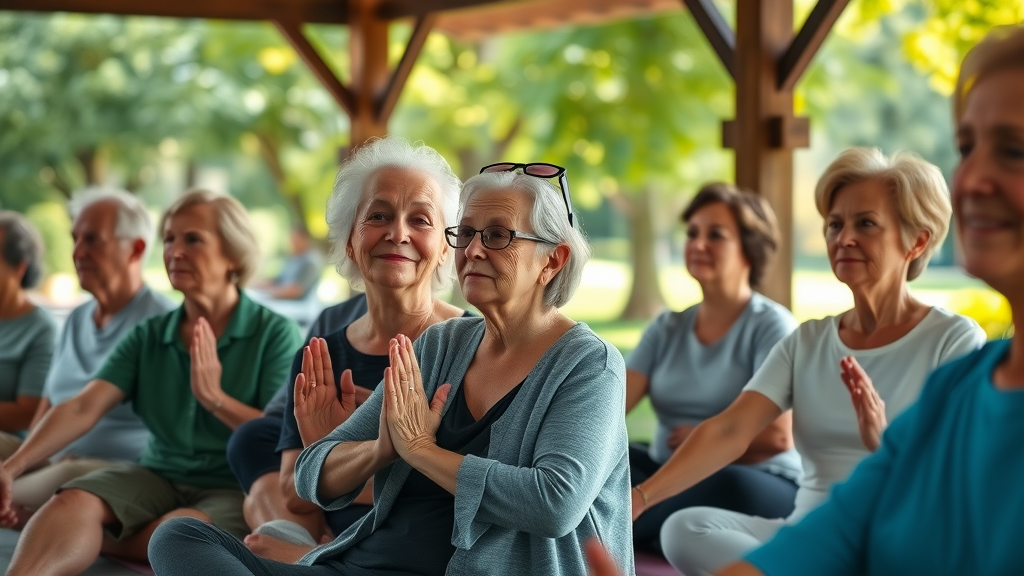 Engaged seniors in a mindfulness stretching session at a Muskegon wellness center, focused and serene with an instructor guiding in a park pavilion.