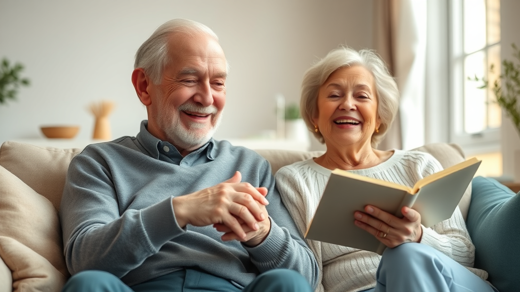 Muskegon elderly care at home: Warm elderly couple, smiling, sitting together and holding hands on a comfortable sofa in a cozy home with sunlight streaming in