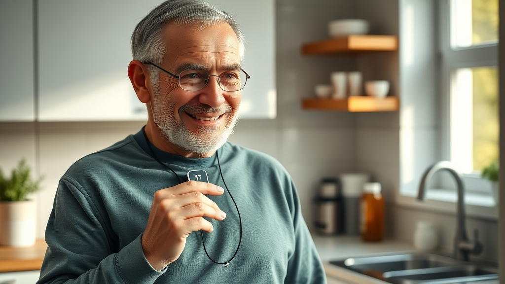 personal emergency response system Muskegon - active senior using medication and emergency pendant at home