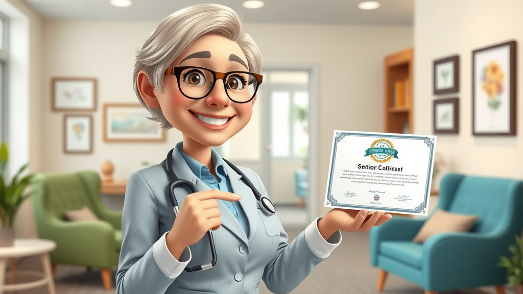 Muskegon home care consultant showing accreditation certificate in welcoming agency office.