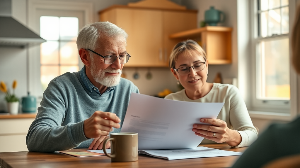 thoughtful senior couple reviewing Muskegon senior health coverage paperwork in a warm home kitchen