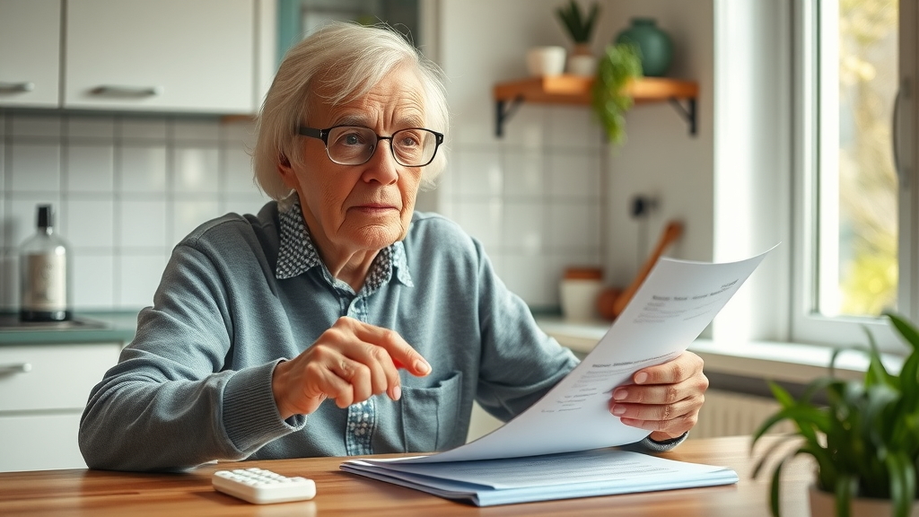 confident Muskegon older adult independently arranging medications and paperwork at home, empowered expression