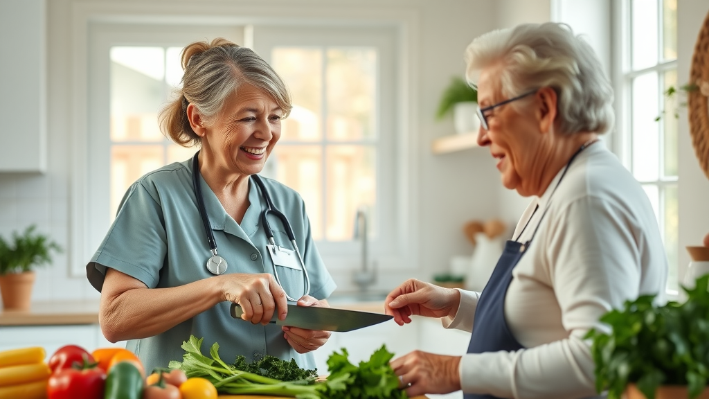 Personal care Muskegon - home health aide and senior preparing nutritious meal in kitchen