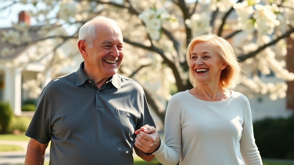 Elderly couple enjoying home care in Muskegon, MI, smiling, holding hands, in a sunny suburban Muskegon neighborhood with blossoming trees.