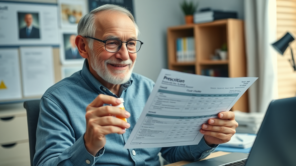 Elderly man examining prescription drug cost breakdown for his drug plan at home