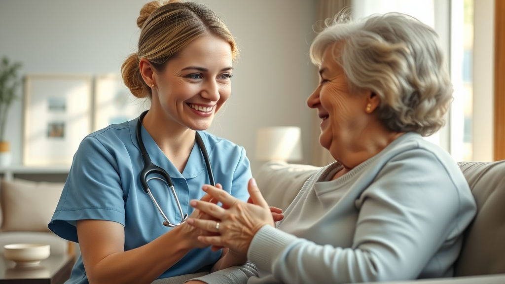 Comforting nurse with gentle smile offering support to elderly woman in cozy Muskegon home care setting