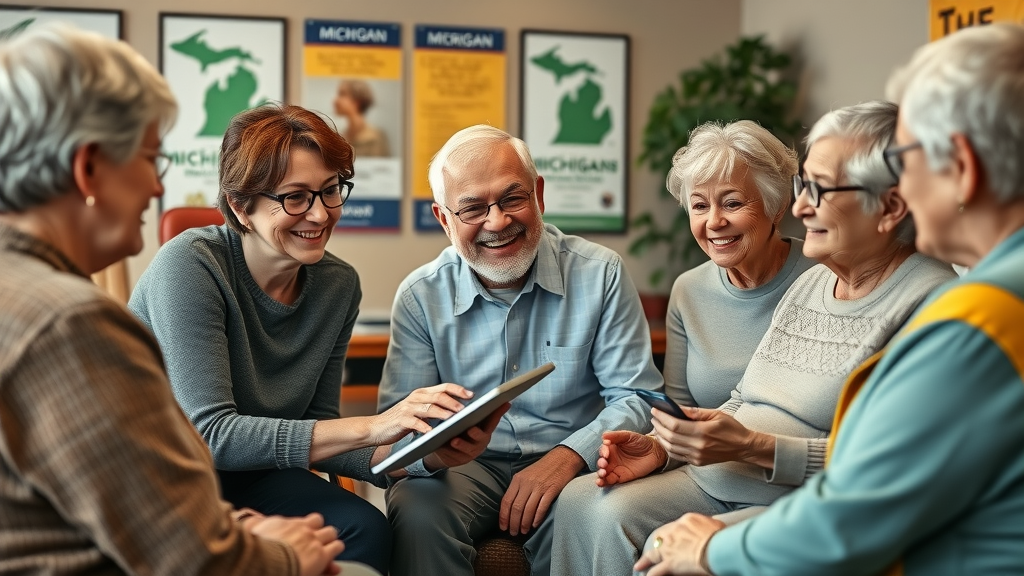 professional Michigan benefits counselor presenting Medicare assistance on a tablet to seniors in a community center